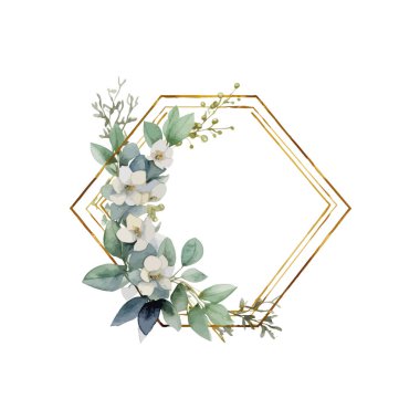 White Floral Bouquet in Hexagonal Gold Frame. Vector illustration design. clipart