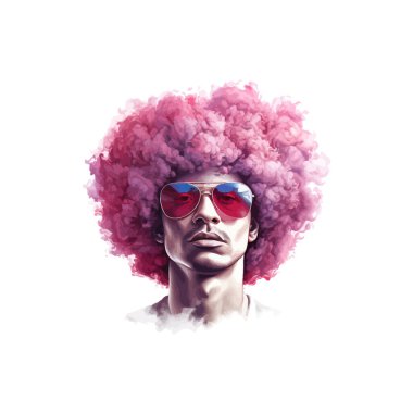 Pembe Afro ve Kırmızı Güneş Gözlüklü Adam. Vektör illüstrasyon tasarımı.