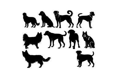 Beyaz Arkaplanda Çeşitli Köpek Siluetleri Koleksiyonu. Vektör illüstrasyon tasarımı.