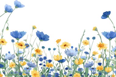 Mavi ve sarı kır çiçekleriyle yemyeşil çayır. Vektör illüstrasyon tasarımı.