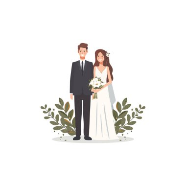 Gelin ve Damat 'ın Serene Wedding İllüstrasyonu. Vektör illüstrasyon tasarımı.