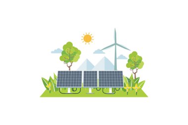 Güneş Panelleri ve Rüzgar Türbinli Yenilenebilir Enerji Eko-Peyzaj. Vektör illüstrasyon tasarımı.