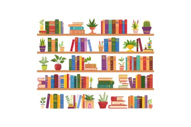 Kitap ve Bitkilerle dolu renkli kitaplıklar. Vektör illüstrasyon tasarımı.