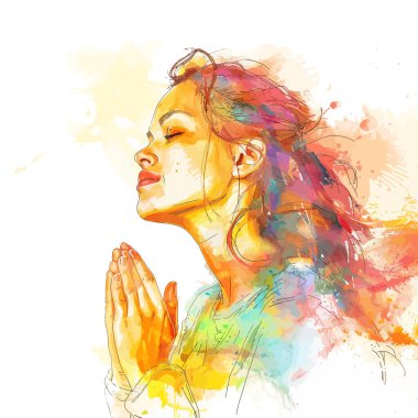Vibrant Watercolor Portrait of Woman Praying. Vector illustration design.