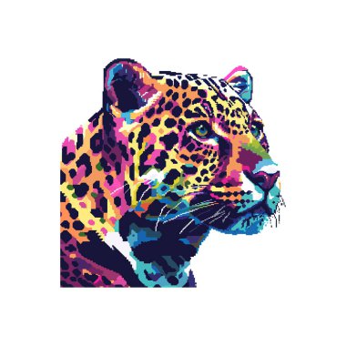 Renkli Pikselli Leopar Portresi. Vektör illüstrasyon tasarımı.
