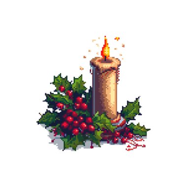 Holly ve Böğürtlenli Pixel Art Candle. Vektör illüstrasyon tasarımı.