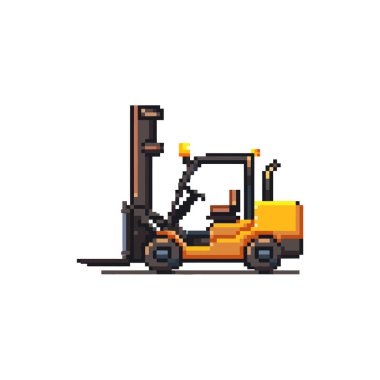 Yan profilde pikselli sarı forklift. Vektör simgesi tasarımı.