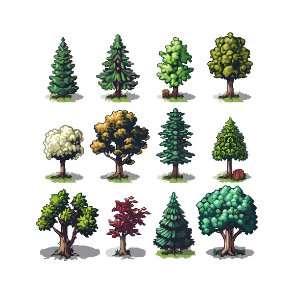 stock vector Pixel art trees collection with various species. Vector illustration design.