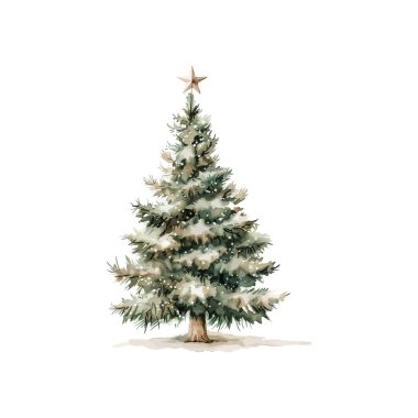 Kar ve yıldız süslemeli suluboya Noel ağacı. Vektör illüstrasyon tasarımı.