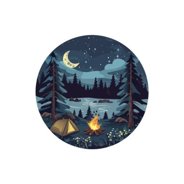 Nighttime Camping Scene with Campfire by Lake. Vector illustration design. clipart