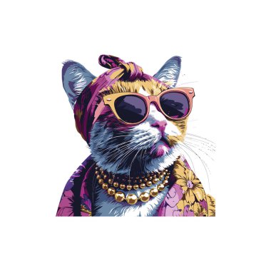 Stylish cat wearing sunglasses and floral scarf. Vector illustration design.v clipart