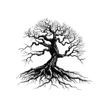 Black and White Leafless Tree with Exposed Roots. Vector illustration design. clipart