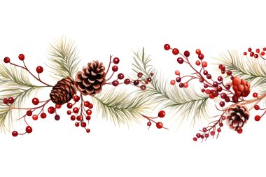 Festive Pinecone ve Berry Garland Suluboya. Vektör illüstrasyon tasarımı.