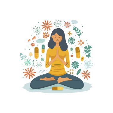 Bitkisel takviyelerle çevrili meditasyon yapan bir kadın. Vektör illüstrasyon tasarımı.