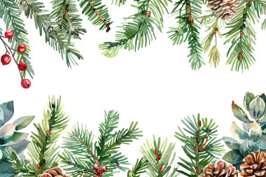 Çam dalları ve kırmızı böğürtlenli suluboya Noel çerçevesi. Vektör illüstrasyon tasarımı.