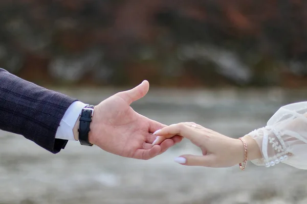 Groom Embraces Bride Hand Which Has Wedding Ring Intimacy Love — 스톡 사진