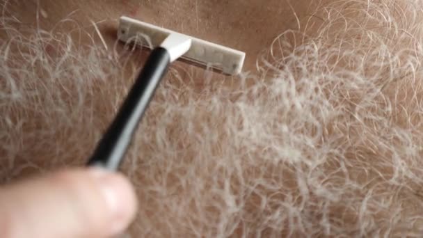 胸に長い白髪を剃る男 — ストック動画