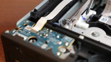 During the repair of an electronic gadget, a screw is unscrewed with a screwdriver.