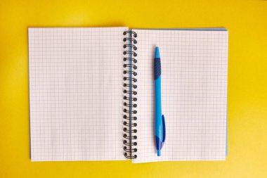 Sarı arka planda bahar ve tükenmez kalemle iş not defteri.