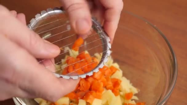 Помощью Ручной Нарезки Морковь Рубят Приготовления Салата — стоковое видео