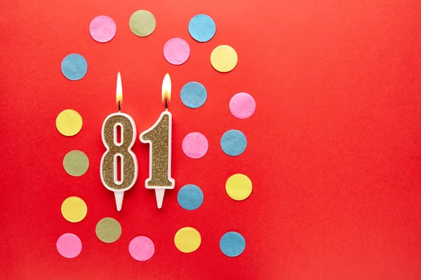 Number Red Background Colored Confetti Happy Birthday Candles Concept Celebrating — Stock Photo, Image