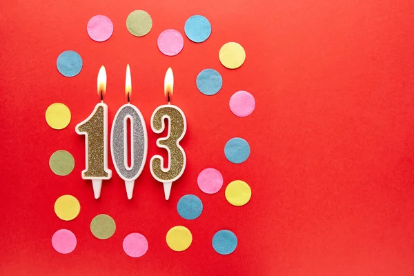 Number 103 Red Background Colored Confetti Happy Birthday Candles Concept — Stock Photo, Image