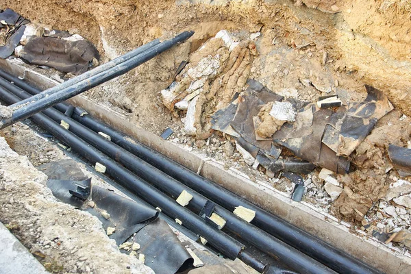 Construction Site Construction Network Central Heating Insulated Pipes Water Supply — Stock Photo, Image
