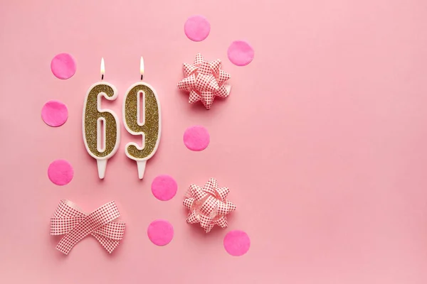 Számú Pasztell Rózsaszín Háttér Ünnepi Dekorációval Boldog Szülinapi Gyertyákat Születésnap — Stock Fotó