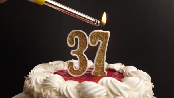 Enciende Una Vela Forma Número Insertada Pastel Navideño Celebrar Cumpleaños — Vídeos de Stock