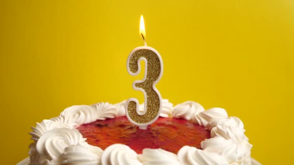 3番の形のキャンドルは 休日のケーキに挿入され 吹き飛ばされます 誕生日やランドマークイベントを祝う お祝いのクライマックス — ストック動画