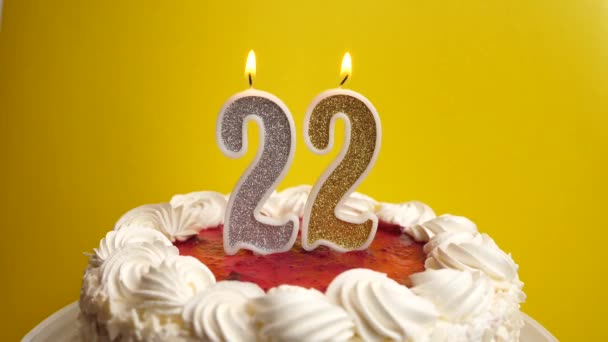 插在假日蛋糕上的22号蜡烛被吹灭了 庆祝生日或具有里程碑意义的事件 庆祝活动的高潮 — 图库视频影像