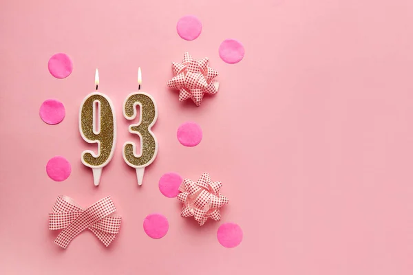 Számú Pasztell Rózsaszín Háttér Ünnepi Dekorációval Boldog Szülinapi Gyertyákat Születésnap — Stock Fotó