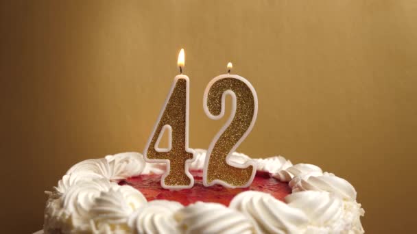 彼らは42番の形でろうそくを吹き消し それは休日のケーキに詰め込まれています 誕生日やランドマークイベントを祝う お祝いのクライマックス — ストック動画