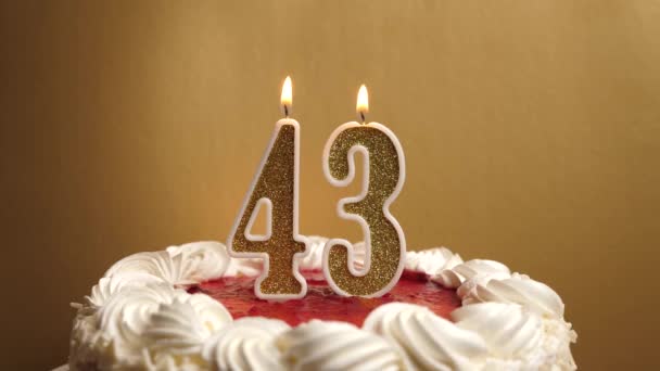 彼らは43番の形でろうそくを吹き消し それは休日のケーキに詰め込まれています 誕生日やランドマークイベントを祝う お祝いのクライマックス — ストック動画