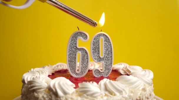 Candle Form Number Inserted Holiday Cake Lit Celebrating Birthday Landmark — Stock Video