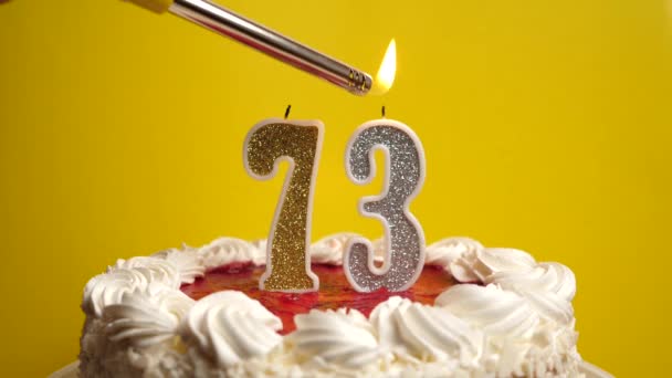 番号73の形でキャンドルは 休日のケーキに挿入され 点灯します 誕生日やランドマークイベントを祝う お祝いのクライマックス — ストック動画