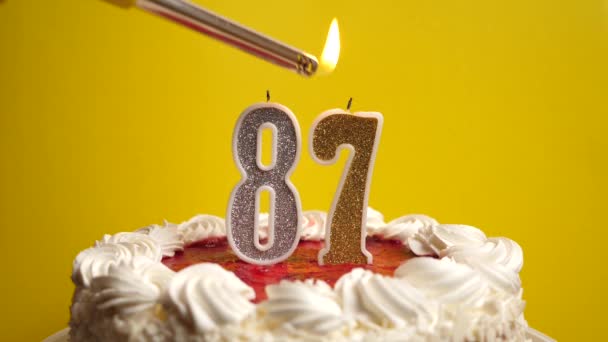 Enciende Una Vela Forma Número Insertada Pastel Navideño Celebrar Cumpleaños — Vídeo de stock