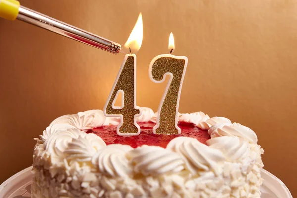 Candle Form Number Stuck Festive Cake Lit Celebrating Birthday Landmark — Stock Photo, Image