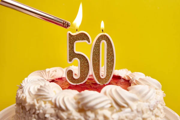 Candle Form Number Stuck Festive Cake Lit Celebrating Birthday Landmark Royalty Free Stock Images