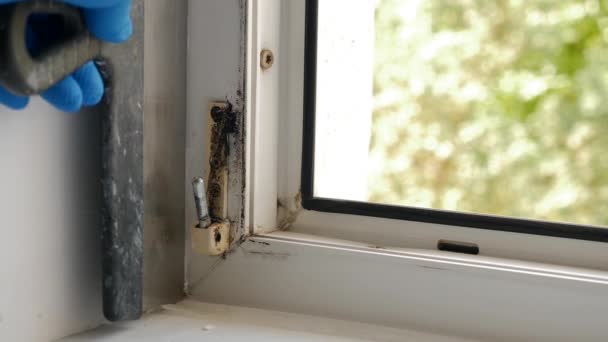 汚れた窓の締める物は洗浄されます 金属プラスチックの窓およびドアの修理そして維持 — ストック動画
