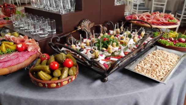 Festive Buffet Meat Dishes Appetizer Sausage Smoked Meats Vegetables — Stock Video