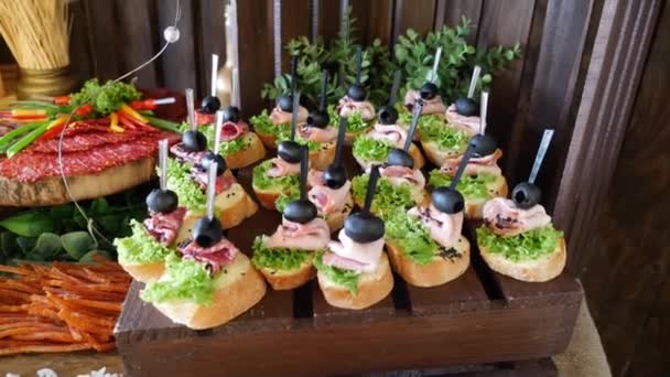 肉料理でビュッフェ式お祝いをする ラードとソーセージのサンドイッチ ソーセージ スモークミート 野菜付きアペタイザー — ストック動画