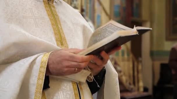 Service Priest Reads Prayer Book Turning Pages Festive Service — Stock Video