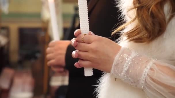 Bride Groom Hold Candles Church Wedding Ceremony — стоковое видео