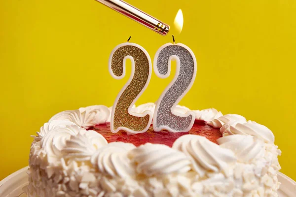 A candle in the form of the number 22, stuck in a holiday cake, is lit. Celebrating a birthday or a landmark event. The climax of the celebration.