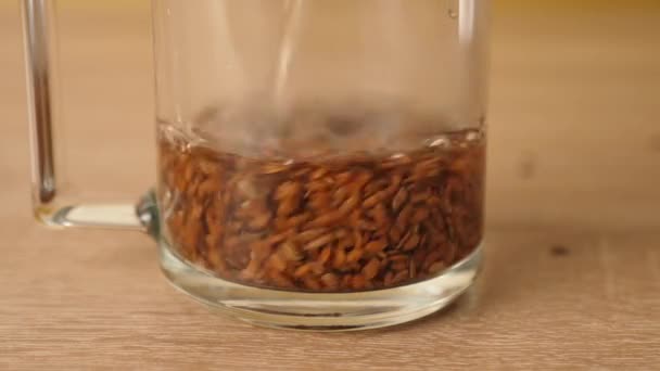 Einen Therapeutischen Sud Zuzubereiten Werden Leinsamen Einem Glas Kochendem Wasser — Stockvideo