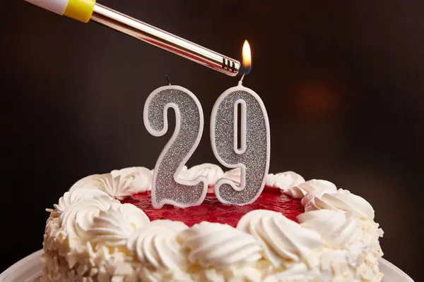 A candle in the form of the number 29, stuck in a festive cake, is lit. Celebrating a birthday or a landmark event. The climax of the celebration.