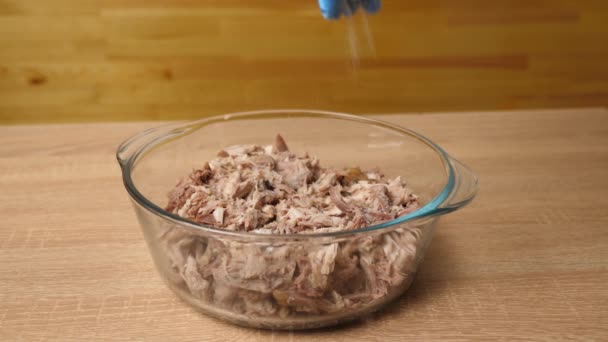 肉中加了盐和香料 准备肉食 慢动作 — 图库视频影像