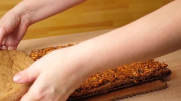 Sweet Filling Peanuts Cinnamon Chocolate Added Pastry Making Cakes Slow — Stock Video