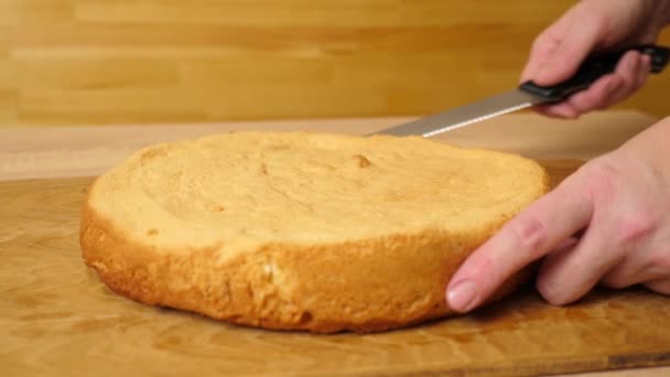Gâteau Fraîchement Cuit Est Coupé Deux Cuisiner Une Tarte Festive — Video